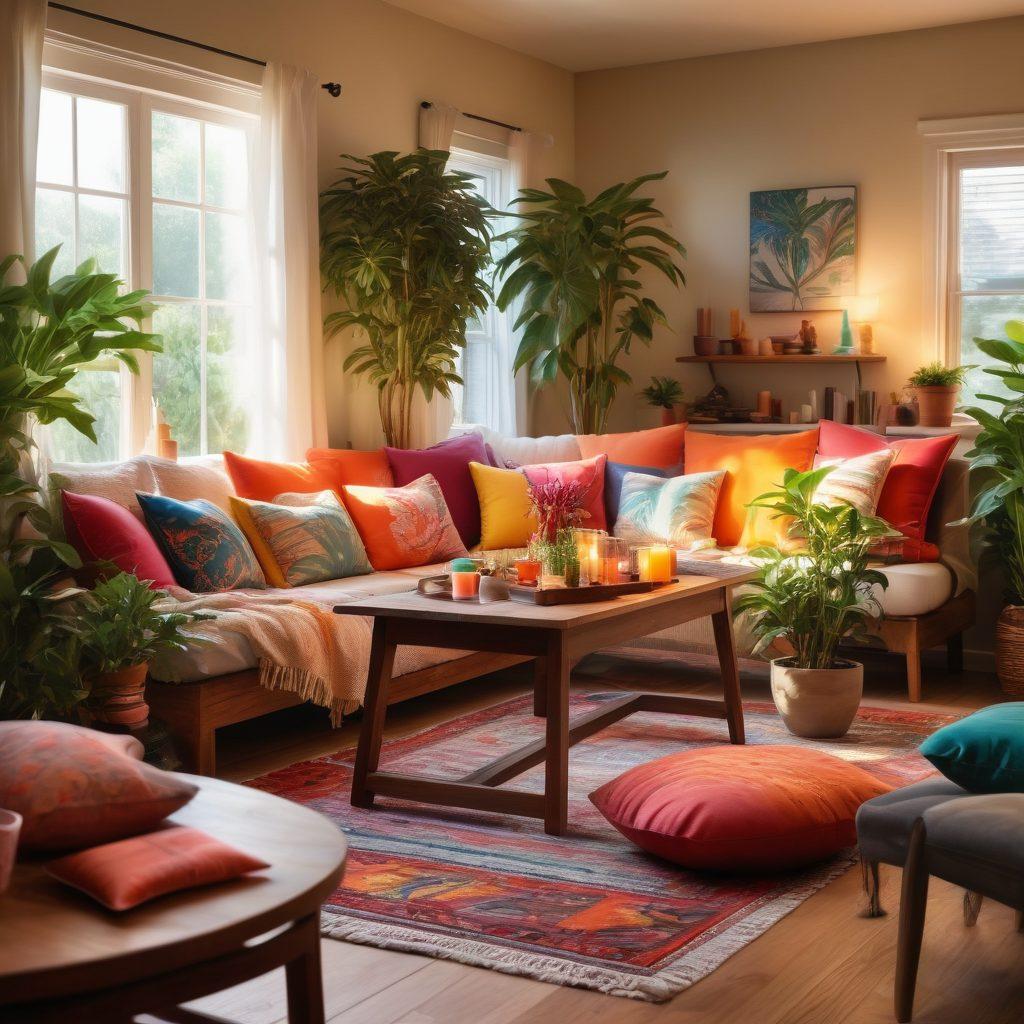 A cozy living room filled with sunlight, featuring vibrant indoor plants, colorful cushions, and candles emitting soft glows. A family joyfully sharing a meal around a wooden dining table, symbolizing togetherness and happiness. Warm colors dominate the scene, reflecting a sense of bliss and comfort. super-realistic. vibrant colors.