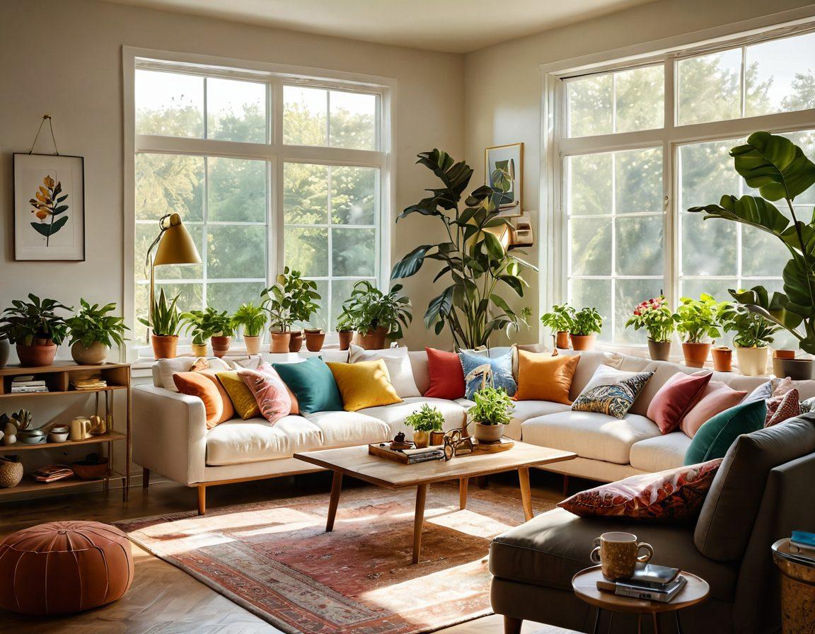 A cozy, sunlit living room filled with plants and colorful decor, showcasing a happy family playing games together, surrounded by soft cushions and warm light. Include elements of joy like laughter, family bonding, and creativity in their activities. The background should feature a beautiful view of nature through large windows to evoke a sense of tranquility. vibrant colors. warm lighting. super-realistic.