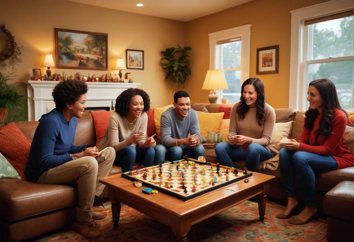 A vibrant family gathering in a cozy living room, showcasing diverse family members engaging in activities like board games, cooking together, and sharing laughter. Incorporate elements that represent community, such as a bulletin board filled with notes and photos. Warm lighting to create a welcoming atmosphere, highlighting the joy of family living. super-realistic. vibrant colors. cozy ambiance.